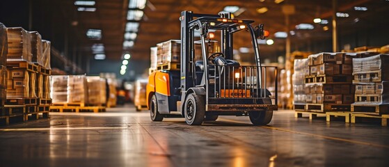 Working a forklift in a brewery warehouse that houses commercial spaces used to store beer kegs. Logistics concepts.