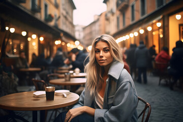 Portrait of attractive young woman sitting and chilling at a the outdoor coffee shop or restaurant