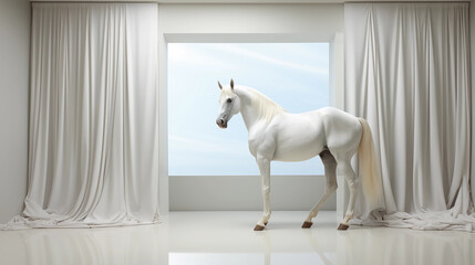 Simple, clean white room with white curtains and a white horse standing by the window. Generative AI.
