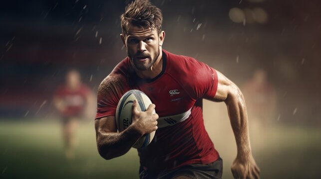 A man sprinting with a rugby ball in a sports field