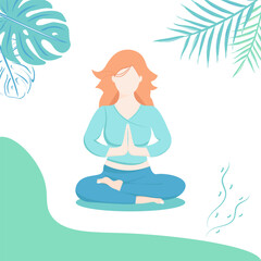 Yoga meditation in the lotus position. Girl on white background with color tropical leaves. Vector illustration. Sport, yoga, fitness, health conception. Card, banner, paper, poster.