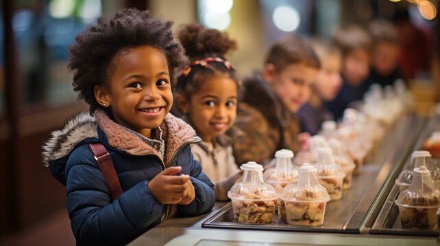 Children in queue steal from the restaurant employee's food.