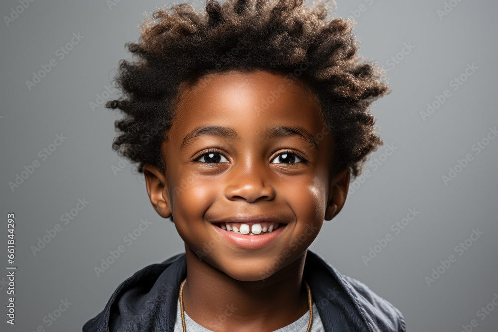 Wall mural Happy african little preschool boy in casual clothes on grey background