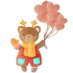 Cartoon little bear holding a balloon in winter