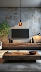 a modern loft-style living area featuring a led television mounted on a concrete wall and a wooden...