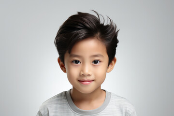 Happy asian little preschool boy in casual clothes on white background