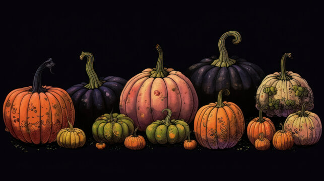 Illustration of a group of pumpkins in black tones