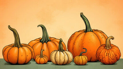 Illustration of a group of pumpkins in orange tones