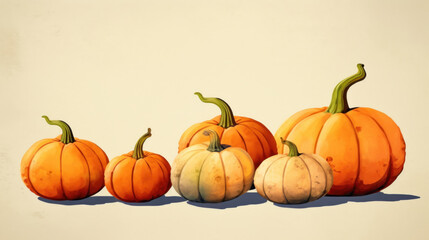Illustration of a group of pumpkins in orange tones