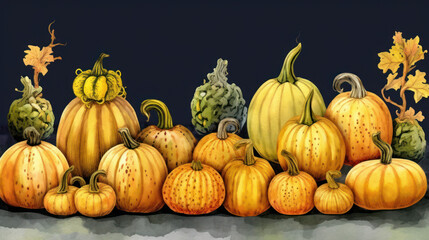 Illustration of a group of pumpkins in yellow tones