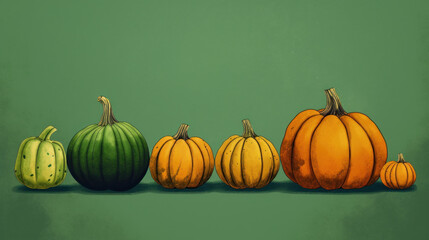 Illustration of a group of pumpkins in lime tones