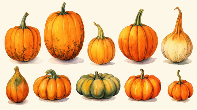 Illustration of a group of pumpkins in orange tones