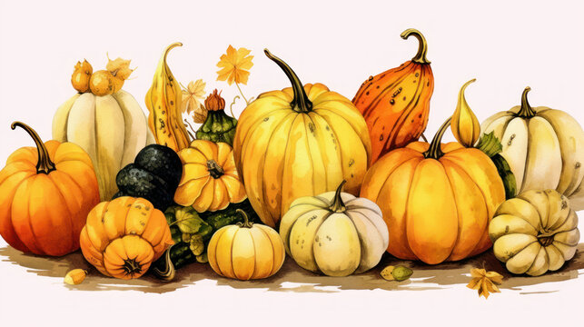 Illustration of a group of pumpkins in yellow tones