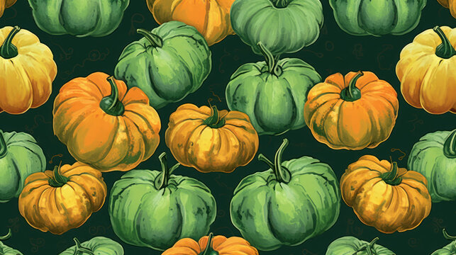 Illustration of a group of pumpkins in green tones