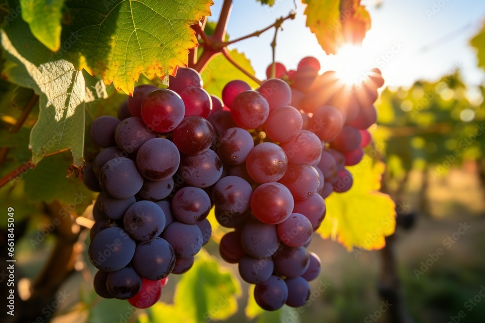 Poster appetizing ripe grapes during harvest. background with selective focus and copy space
