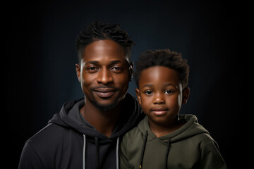 Dad holding in arms little son in casual clothes on dark gray background