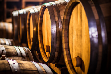 Row of Wine Barrels in an Indoor Cellar. Background with selective focus and copy space - obrazy, fototapety, plakaty