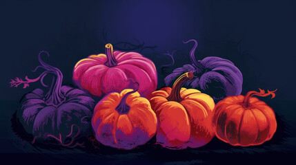 Illustration of a group of pumpkins in magenta tones