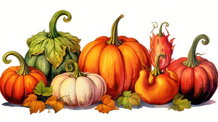 Illustration of a group of pumpkins in scarlet tones
