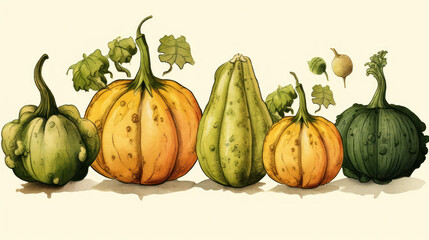 Illustration of a group of pumpkins in olive green tones