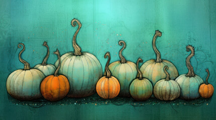 Illustration of a group of pumpkins in turquoise tones