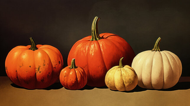 Illustration of a group of pumpkins in scarlet tones