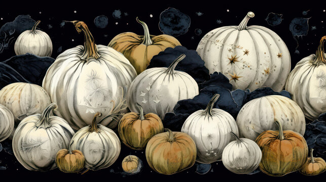 Illustration of a group of pumpkins in dark white tones