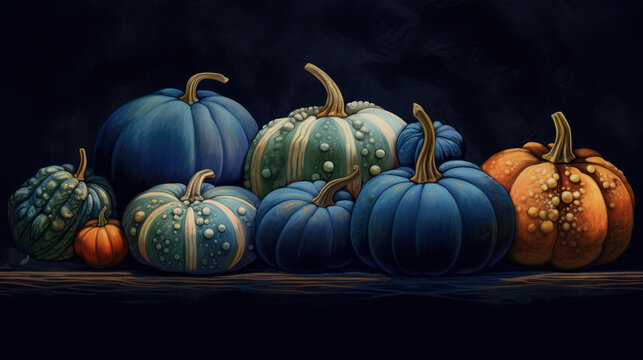 Illustration of a group of pumpkins in dark blue tones