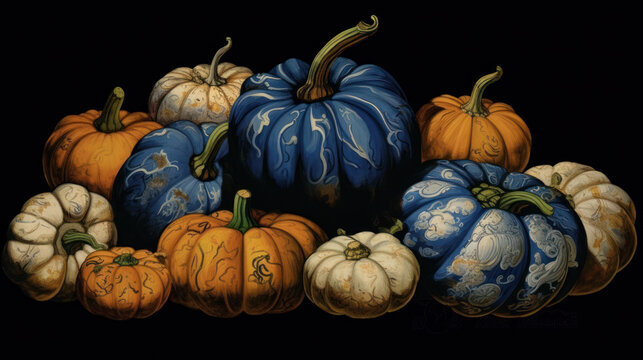 Illustration of a group of pumpkins in dark blue tones