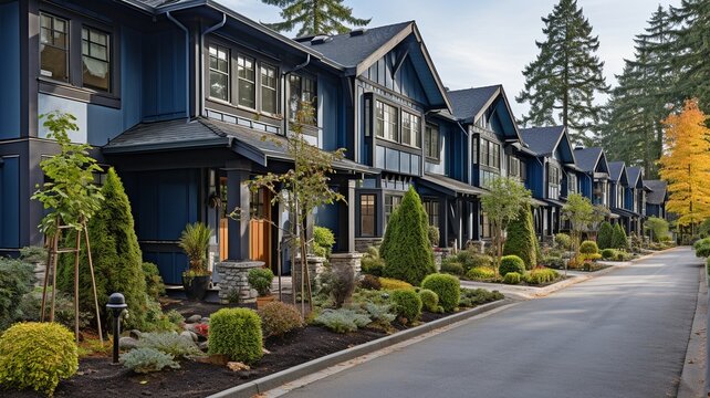 Row of recently built townhomes for sale in a suburban area of North America.