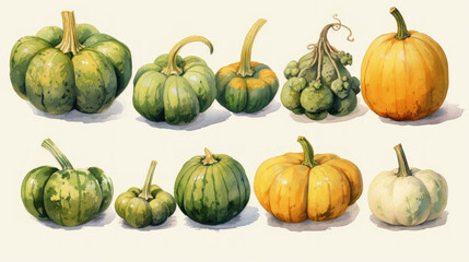 Illustration of a group of pumpkins in light green tones
