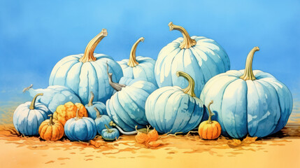 Illustration of a group of pumpkins in light blue tones