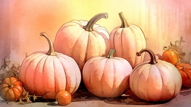 Illustration of a group of pumpkins in light red tones