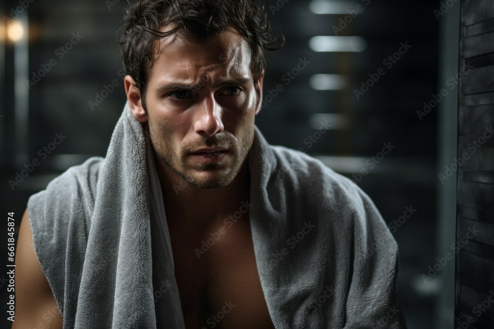 Poster a man gets out of the shower. portrait with selective focus and copy space