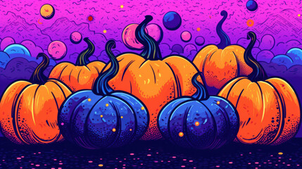 Illustration of a group of pumpkins in vivid purple tones