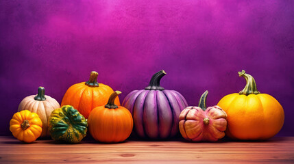 Illustration of a group of pumpkins in vivid purple tones