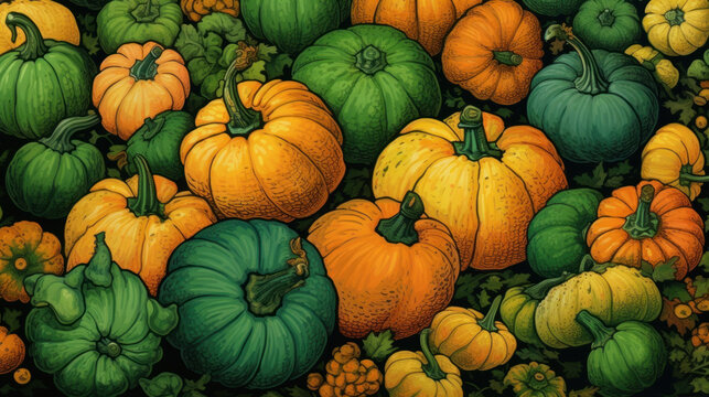 Illustration of a group of pumpkins in vivid green tones