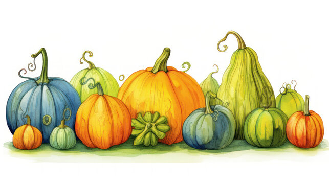 Illustration of a group of pumpkins in vivid lime tones