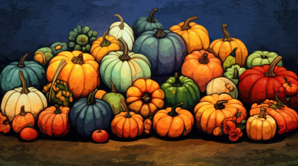 Illustration of a group of pumpkins in colorful tones