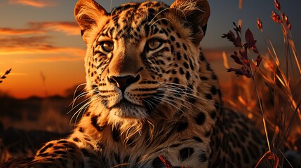 Close up portrait of leopard in sunset light, Serengeti National Park