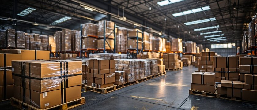 rows of shelves holding boxes inside a warehouse.