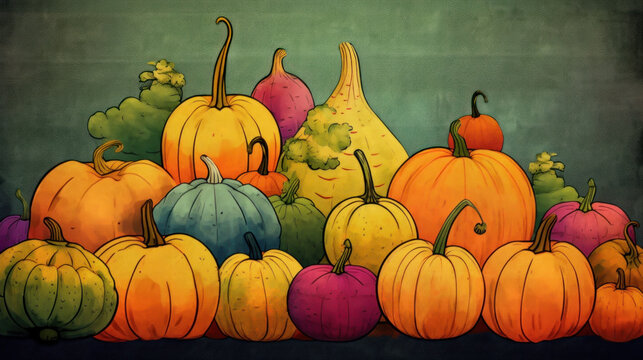 Illustration of a group of pumpkins in colorful tones
