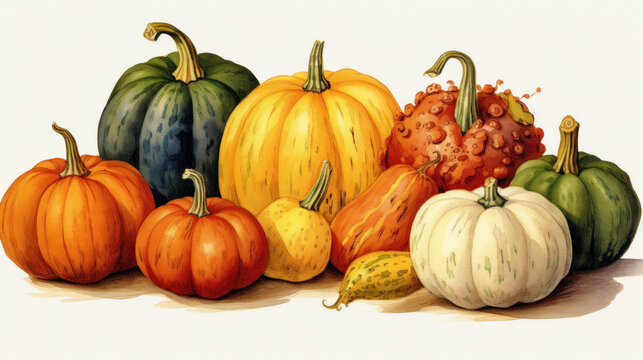 Illustration of a group of pumpkins in colorful tones