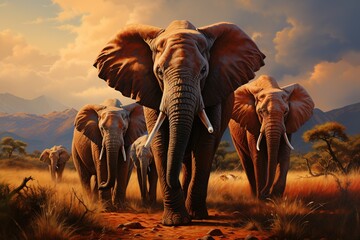 Elephants in the savannah at sunset, 3d render