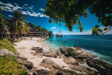 Fototapeta na wymiar beautiful sand beach, with turquoise water, ship oh the water