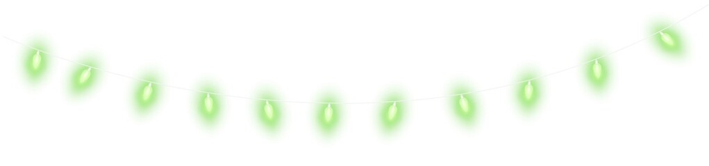 Green christmas glowing garland. Christmas lights. Colorful Christmas garland. The light bulbs on the wires are insulated. PNG.
