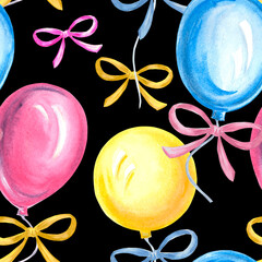 Seamless pattern of colorful balloons with bows Watercolor hand drawn illustration for design, festive backdrop, kids birthday and party, making textile, printing packaging, wrapping paper and covers