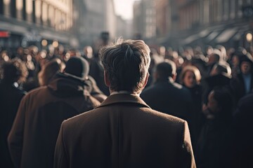 Confident businessman in urban hustle. Corporate success. Young entrepreneur on move. Business world. Modern professional view