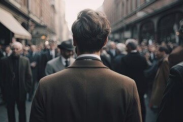 Fototapeta premium Confident businessman in urban hustle. Corporate success. Young entrepreneur on move. Business world. Modern professional view