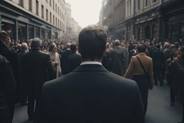 Fototapeta premium Confident businessman in urban hustle. Corporate success. Young entrepreneur on move. Business world. Modern professional view